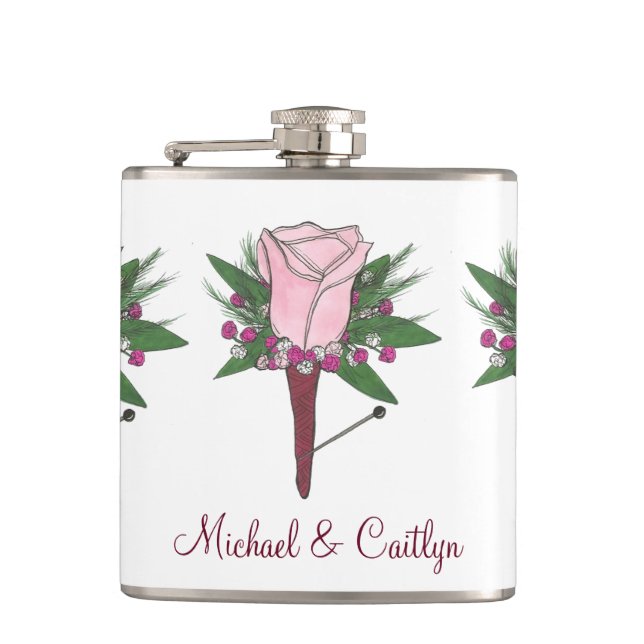 Personalized Boutonniere Pink Rose Wedding Groom Flask (Front)
