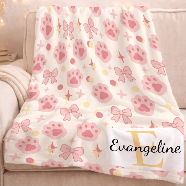 Personalized Bow Aesthetic Pattern Girl Cat Pink Fleece Blanket (Creator Uploaded)