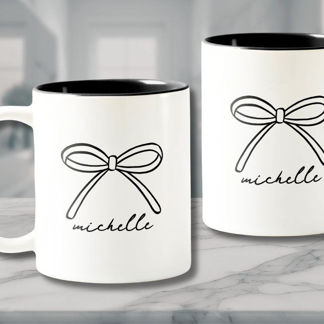 Personalized Bow Name Monogram Two-Tone Coffee Mug (Minimalist Hand Drawn Bow Name Two-Tone Coffee Mug)