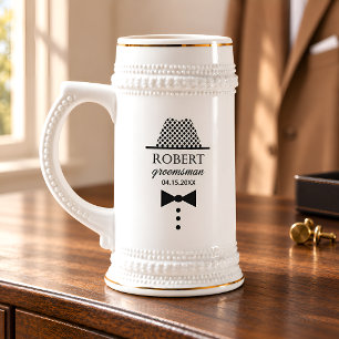 Personalized Bow Tie Fedora Groomsman Gift Beer Stein