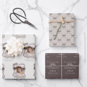Personalized Bow Wavy Frame Photo Graduation Wrapping Paper Sheets