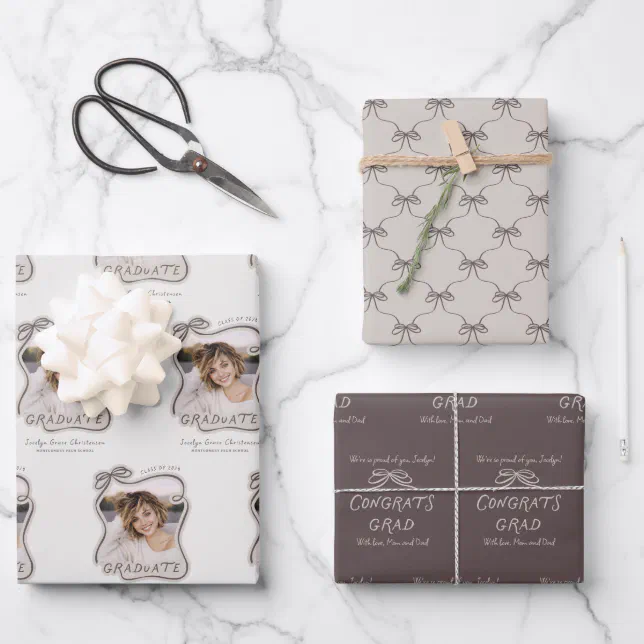 Personalized Bow Wavy Frame Photo Graduation Wrapping Paper Sheets | Zazzle