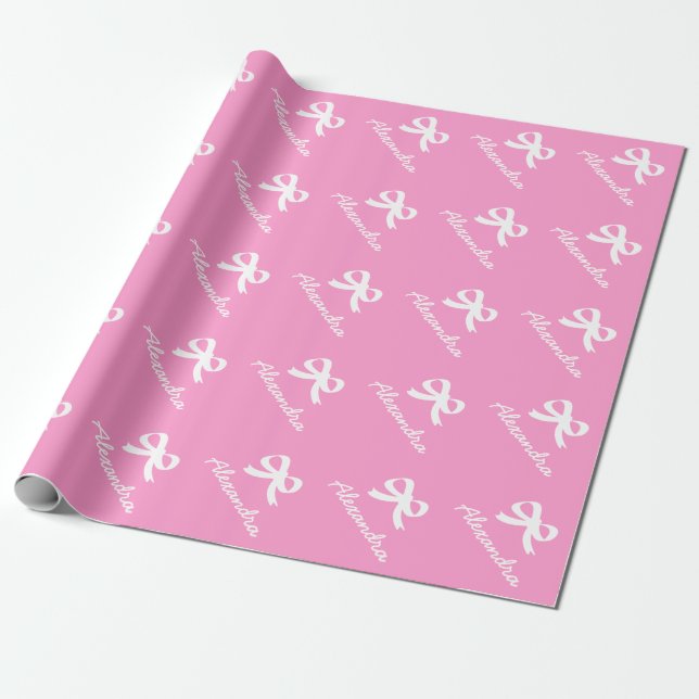 Personalized bow wrapping paper for new baby girl (Unrolled)