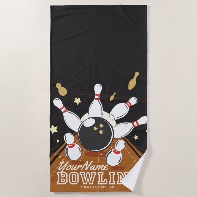 Personalized Bowler Strike Bowling Lanes Ball Pins Beach Towel (Front)