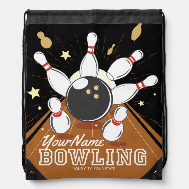 Personalized Bowler Strike Bowling Lanes Ball Pins Drawstring Bag (Front)