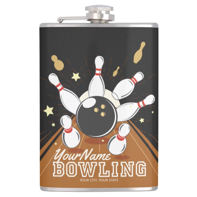 Personalized Bowler Strike Bowling Lanes Ball Pins Flask (Front)