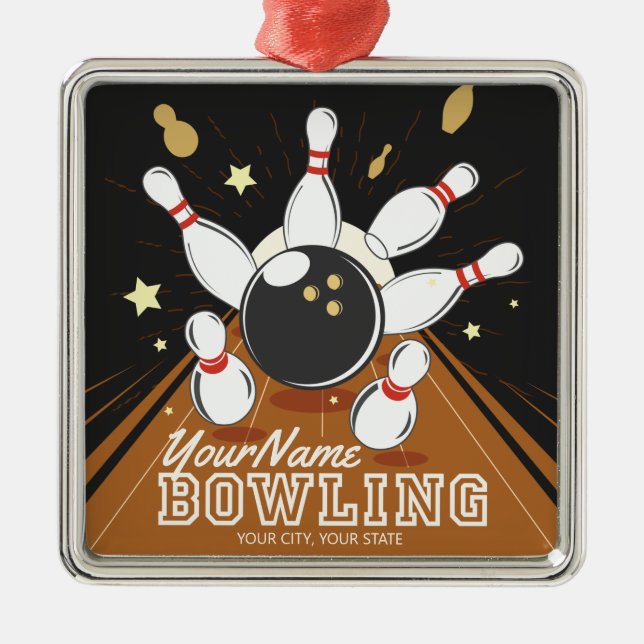 Personalized Bowler Strike Bowling Lanes Ball Pins Metal Ornament (Front)