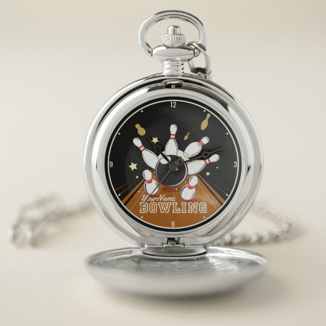 Personalized Bowler Strike Bowling Lanes Ball Pins Pocket Watch (Inside)