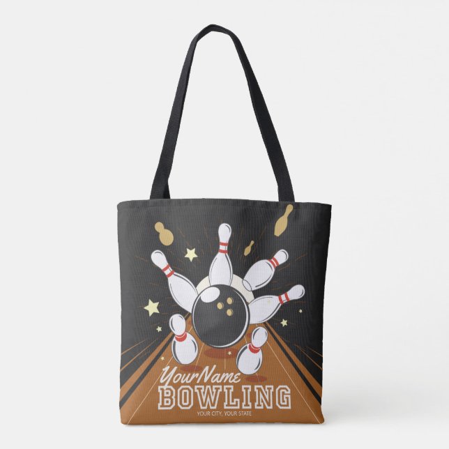 Personalized Bowler Strike Bowling Lanes Ball Pins Tote Bag (Back)