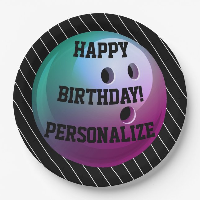 Personalized Bowling Ball Happy Birthday Paper Plates (Front)