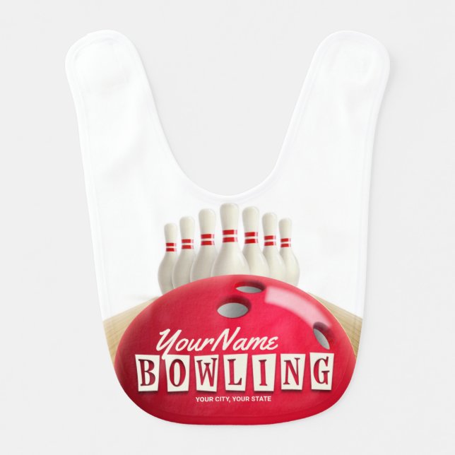 Personalized Bowling Ball Lanes Pins Retro League Baby Bib (Front)