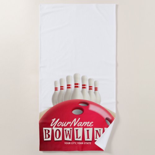 Personalized Bowling Ball Lanes Pins Retro League Beach Towel