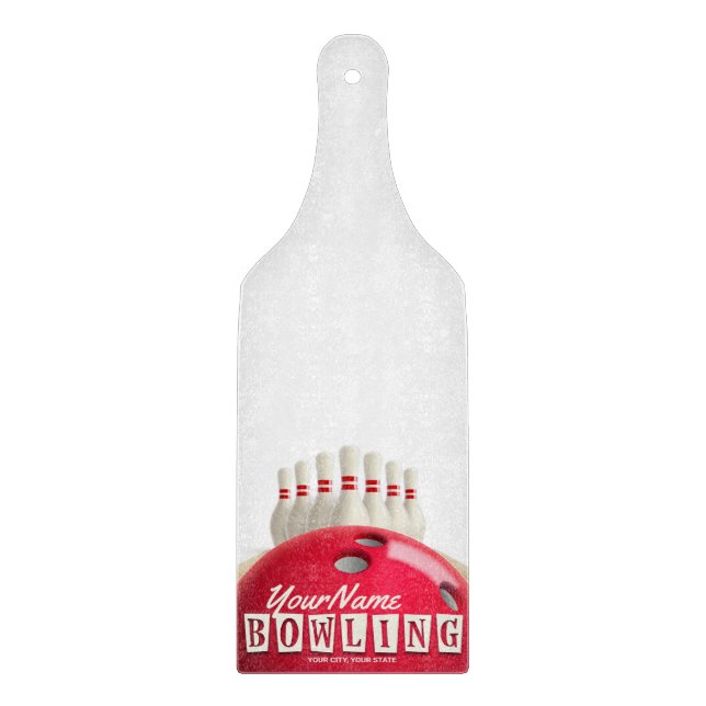 Personalized Bowling Ball Lanes Pins Retro League Cutting Board (Front)