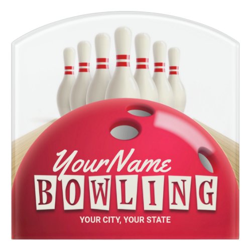 Personalized Bowling Ball Lanes Pins Retro League Door Sign