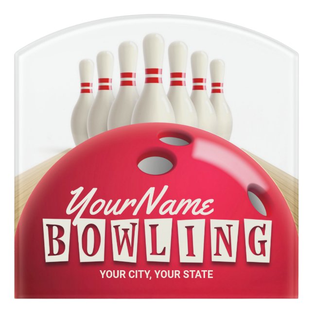 Personalized Bowling Ball Lanes Pins Retro League Door Sign (Contour Front)