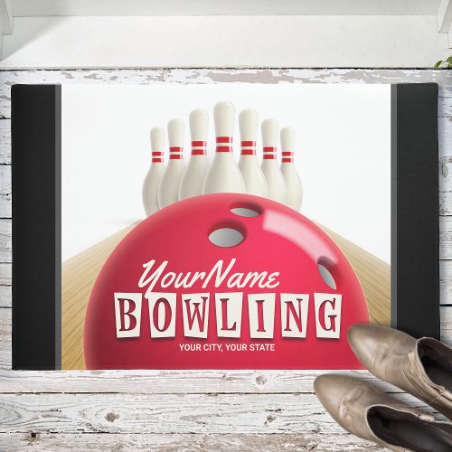 Personalized Bowling Ball Lanes Pins Retro League Doormat