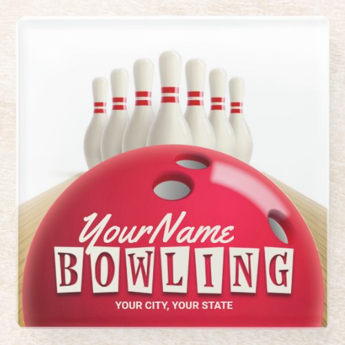 Personalized Bowling Ball Lanes Pins Retro League Glass Coaster