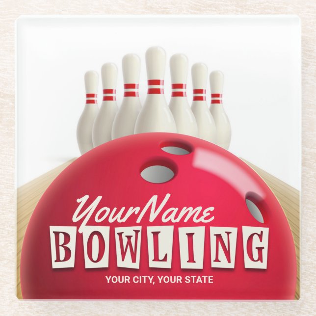 Personalized Bowling Ball Lanes Pins Retro League Glass Coaster (Front)