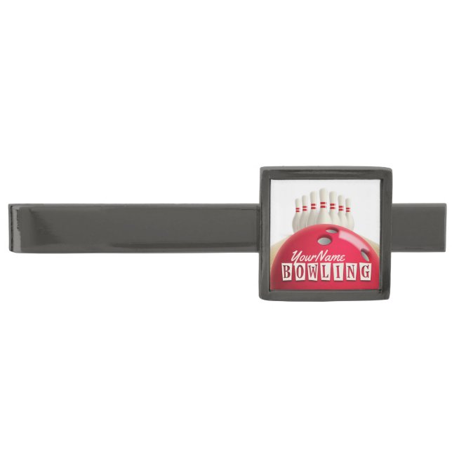 Personalized Bowling Ball Lanes Pins Retro League Gunmetal Finish Tie Bar (Front)