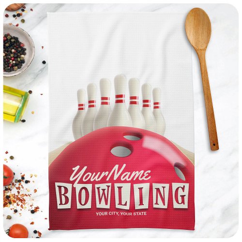 Personalized Bowling Ball Lanes Pins Retro League Kitchen Towel