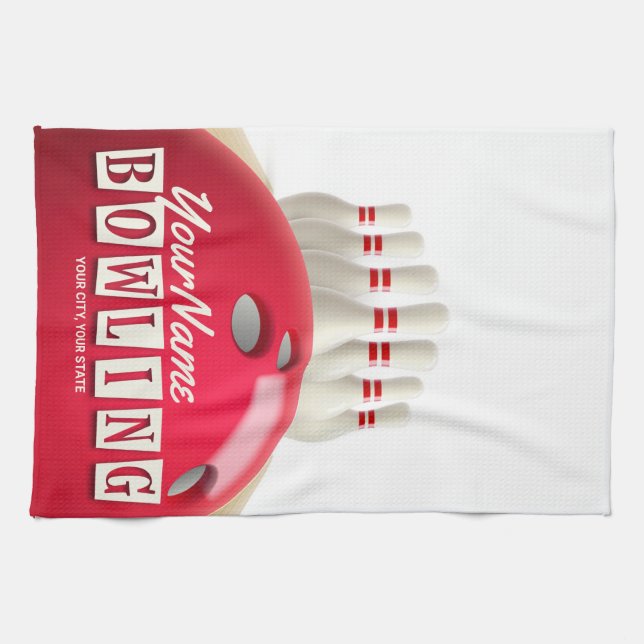 Personalized Bowling Ball Lanes Pins Retro League Kitchen Towel (Horizontal)