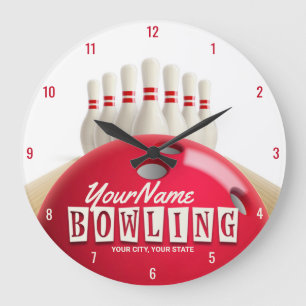 Personalized Bowling Ball Lanes Pins Retro League Large Clock