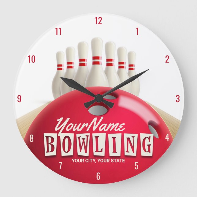 Personalized Bowling Ball Lanes Pins Retro League Large Clock (Front)