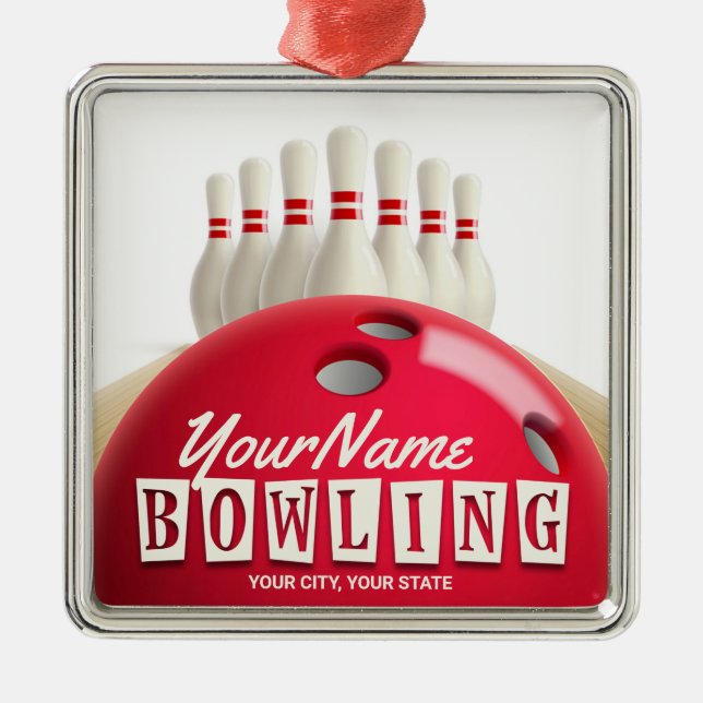 Personalized Bowling Ball Lanes Pins Retro League  Metal Ornament (Front)