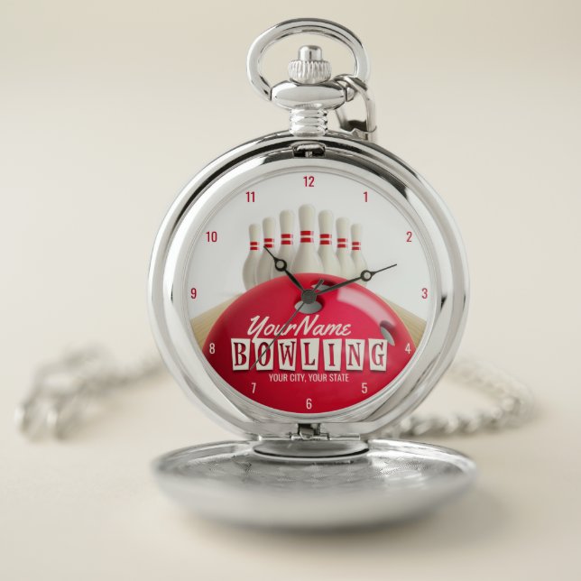 Personalized Bowling Ball Lanes Pins Retro League Pocket Watch (Inside)