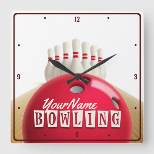 Personalized Bowling Ball Lanes Pins Retro League Square Wall Clock