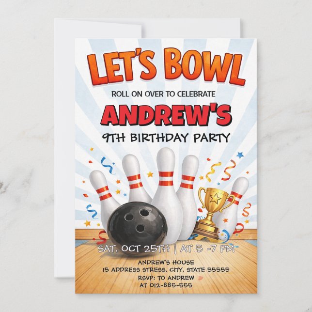Personalized Bowling Birthday Party Invitation (Front)