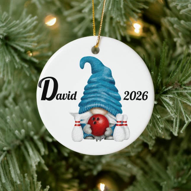 Personalized Bowling Gnome Christmas  Ceramic Ornament (Tree)