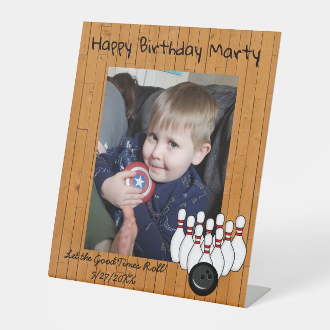 Personalized Bowling Themed Happy Birthday  Pedestal Sign (Front)