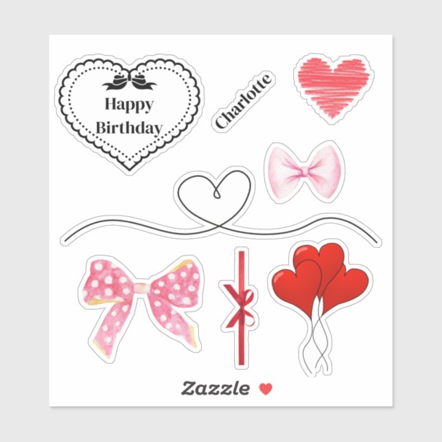Personalized Bows and Hearts Birthday Stickers (Sheet)