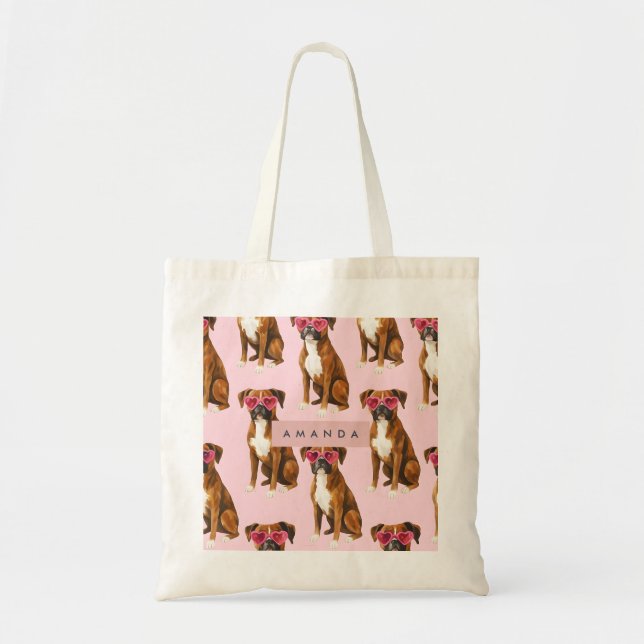 Personalized Boxer Dog with Pink Heart Glasses Tote Bag (Front)