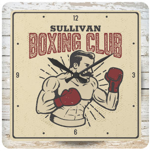 Personalized Boxer Retro Prizefighter Boxing Club Square Wall Clock
