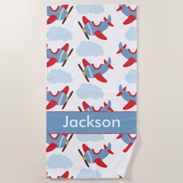 Personalized Boy Airplanes Beach Towel (Front)