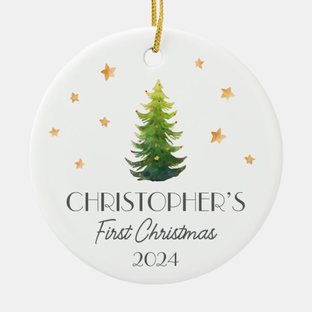 Personalized Boy Baby First Christmas Festive Tree Ceramic Ornament (Front)