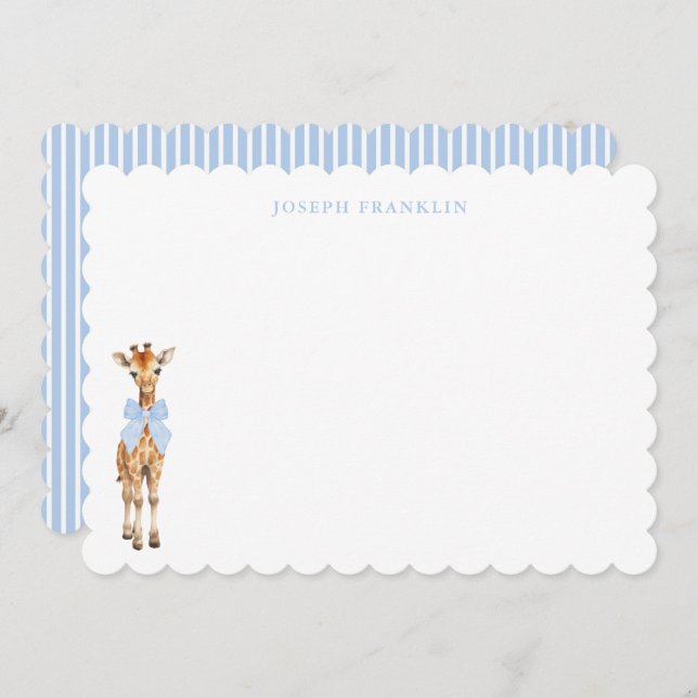 Personalized Boy Baby Shower Note Blue Giraffe  Thank You Card (Front/Back)