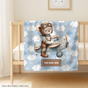 Personalized Boy Baby Shower Teddy Bear Pilot Gift Blanket