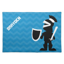 Personalized Boy Black Knight Blue Chevron Cloth Placemat