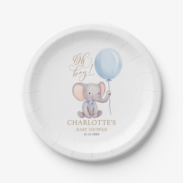 Personalized Boy Blue Balloon Elephant Baby Shower Paper Plates (Front)