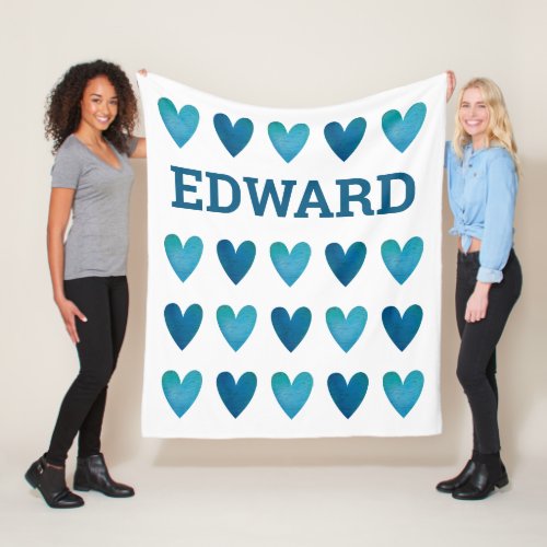 Personalized Boy Blue Hearts Valentines Day  Fleece Blanket