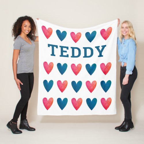 Personalized Boy Blue Red Hearts Valentines Day  Fleece Blanket