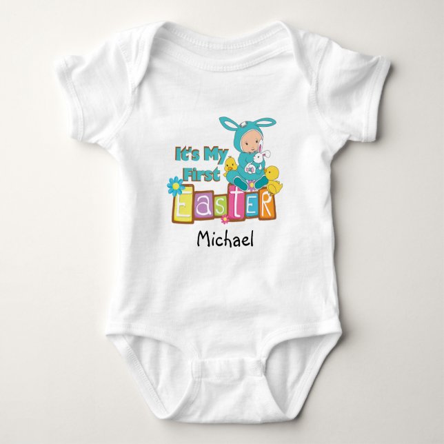 Personalized Boy Bunny First Easter Bodysuit (Front)