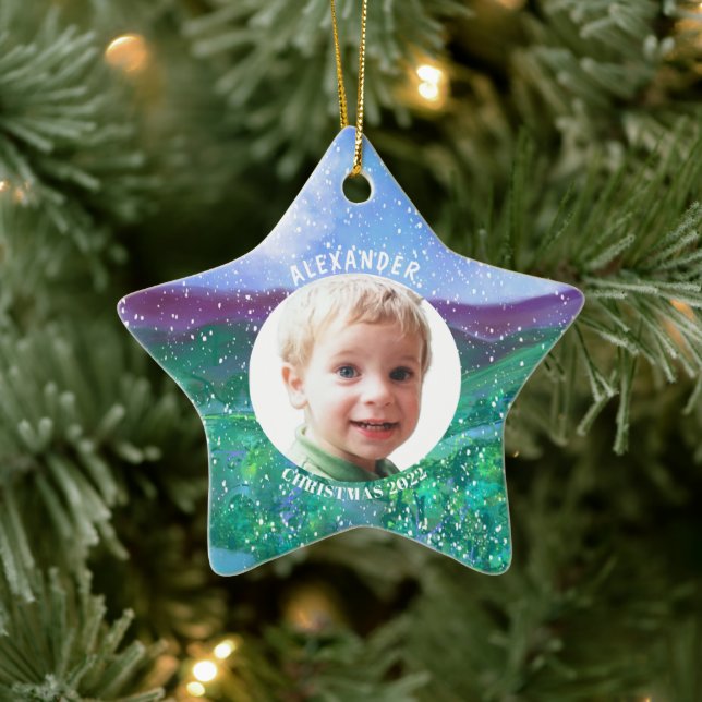 Personalized Boy Christmas Dinosaur Photo Keepsake Ceramic Ornament (Tree)