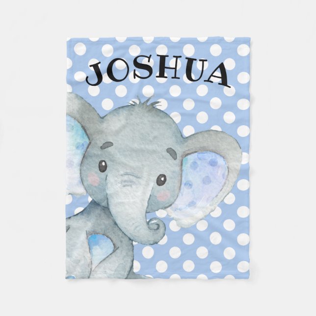 Personalized Boy Elephant Cute Blue Polka Dot Fleece Blanket (Front)