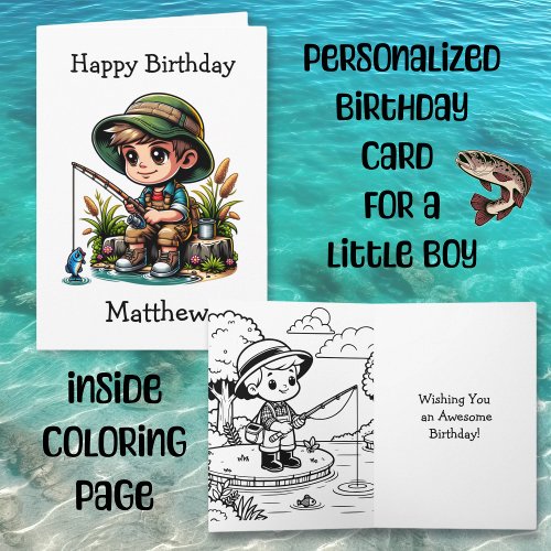 Personalized Boy Fishing  Coloring Page Birthday Card