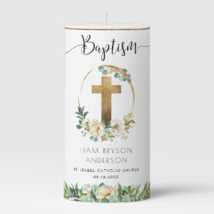 Personalized Boy/Girl Baptism, Elegant Greenery Pillar Candle