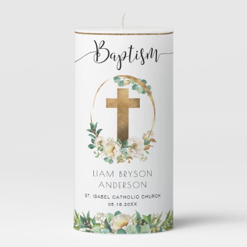 Personalized BoyGirl Baptism Elegant Greenery Pillar Candle